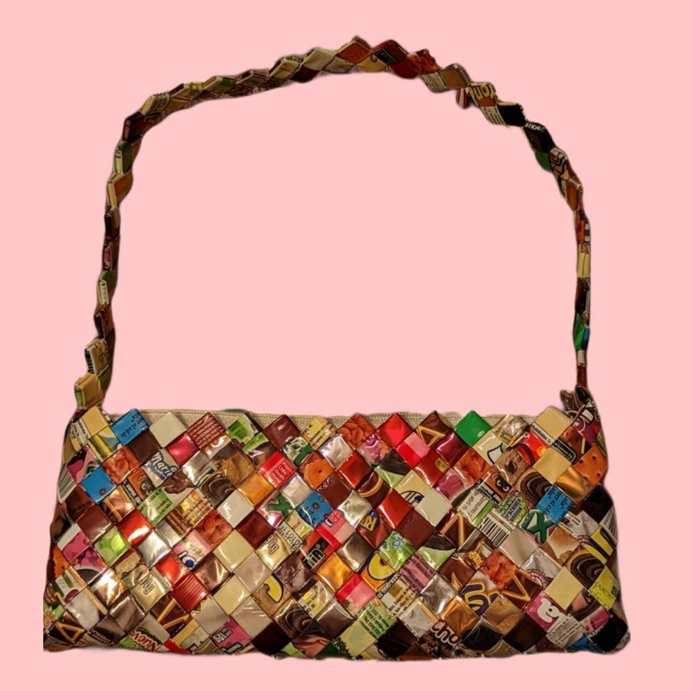 Handmade recycled candy wrapper shoulder bag